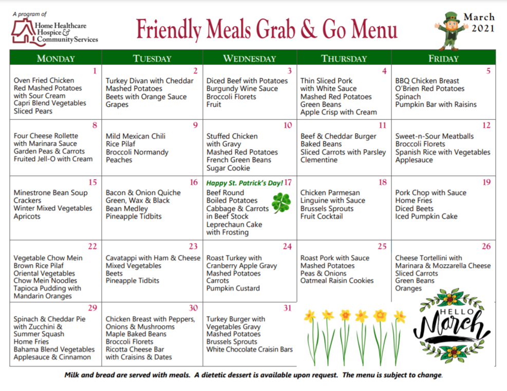 Friendly Meals menu for July 2021