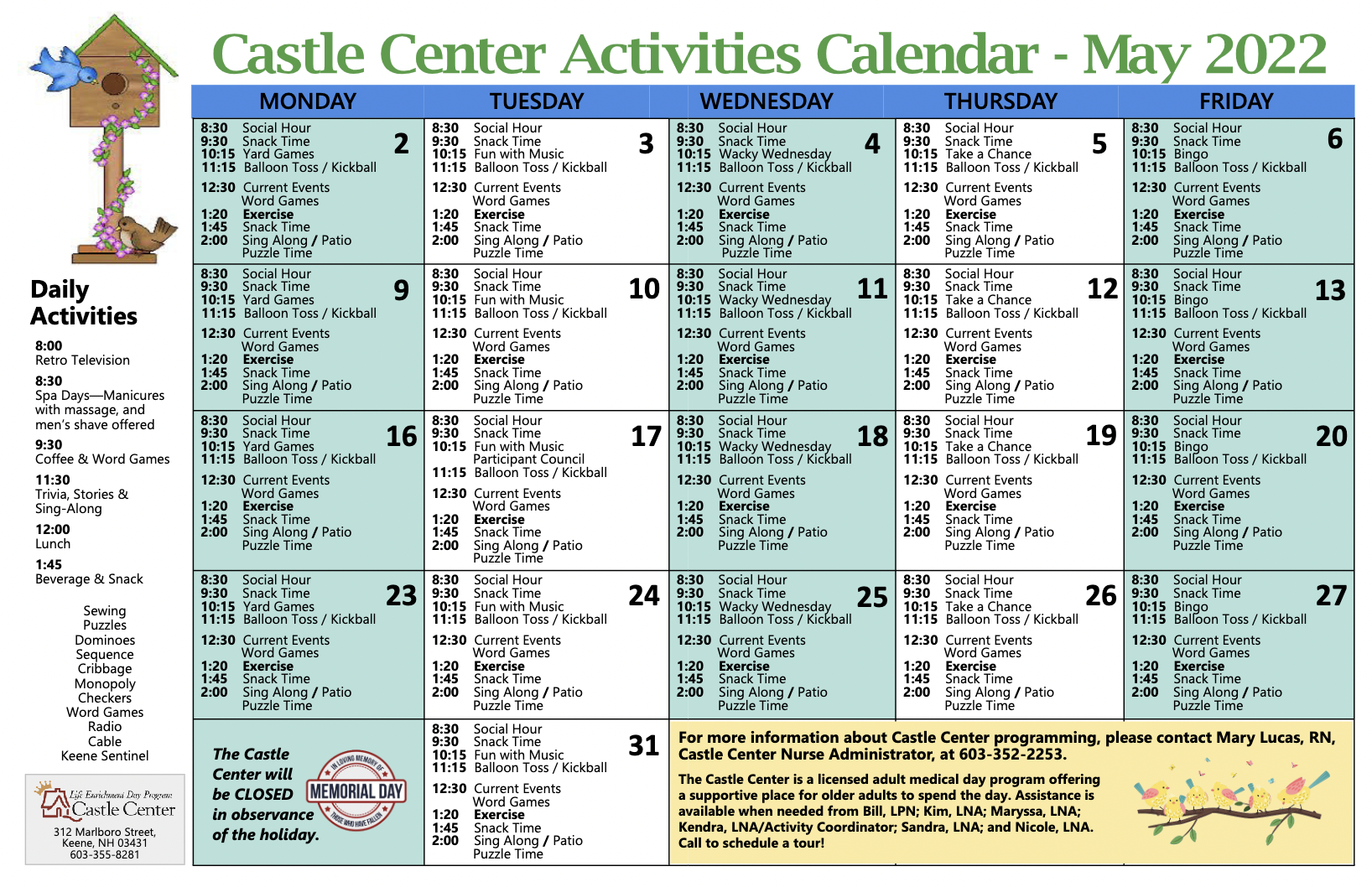 Castle Center Activities for May 2022