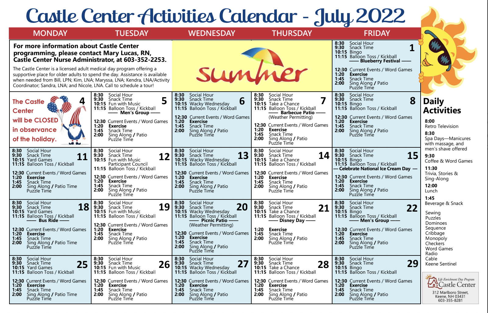 Castle Center Activities for July 2022
