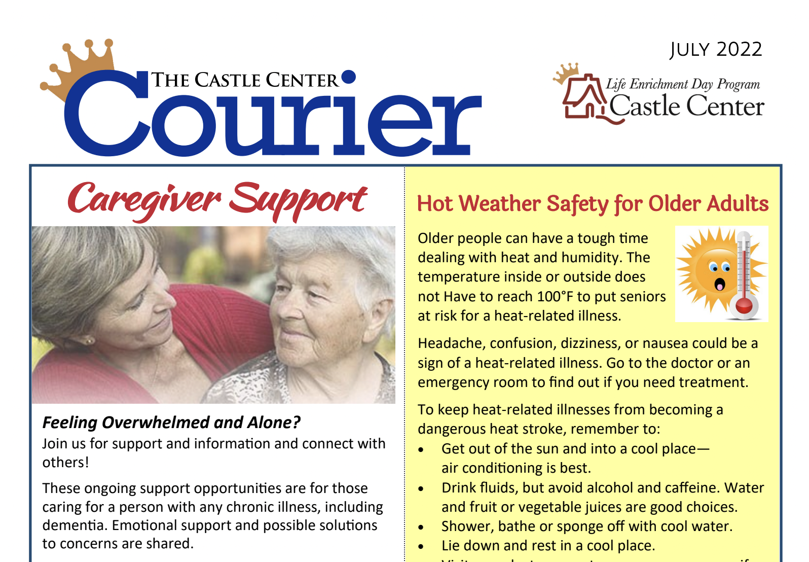 Part of the front page for the July 2022 Castle Center Newsletter