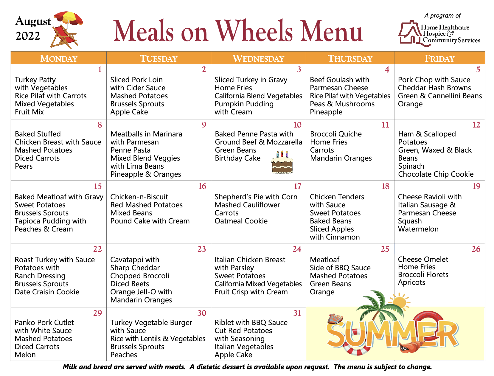 Meals On Wheels Menu for August 2022