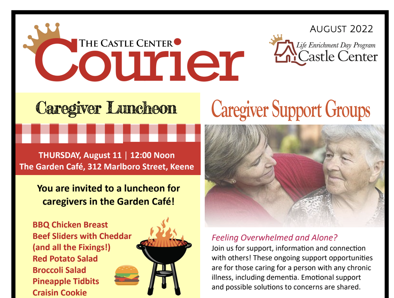 Part of the front page for the August 2022 Castle Center Newsletter