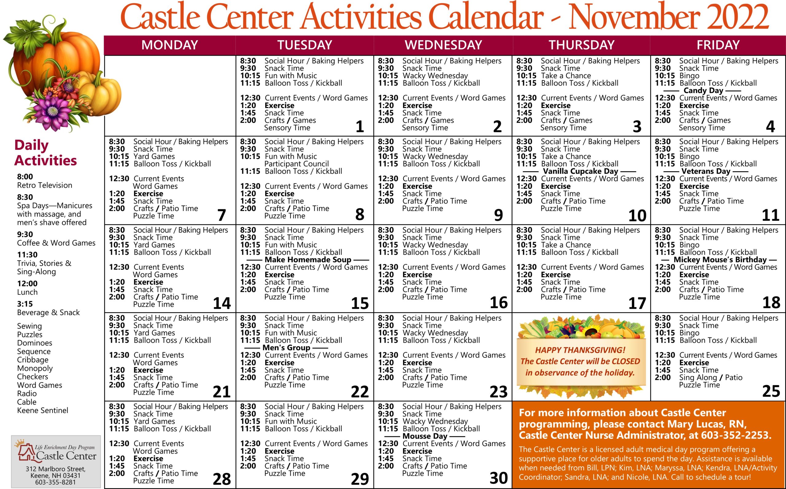 Castle Center Activities for November 2022