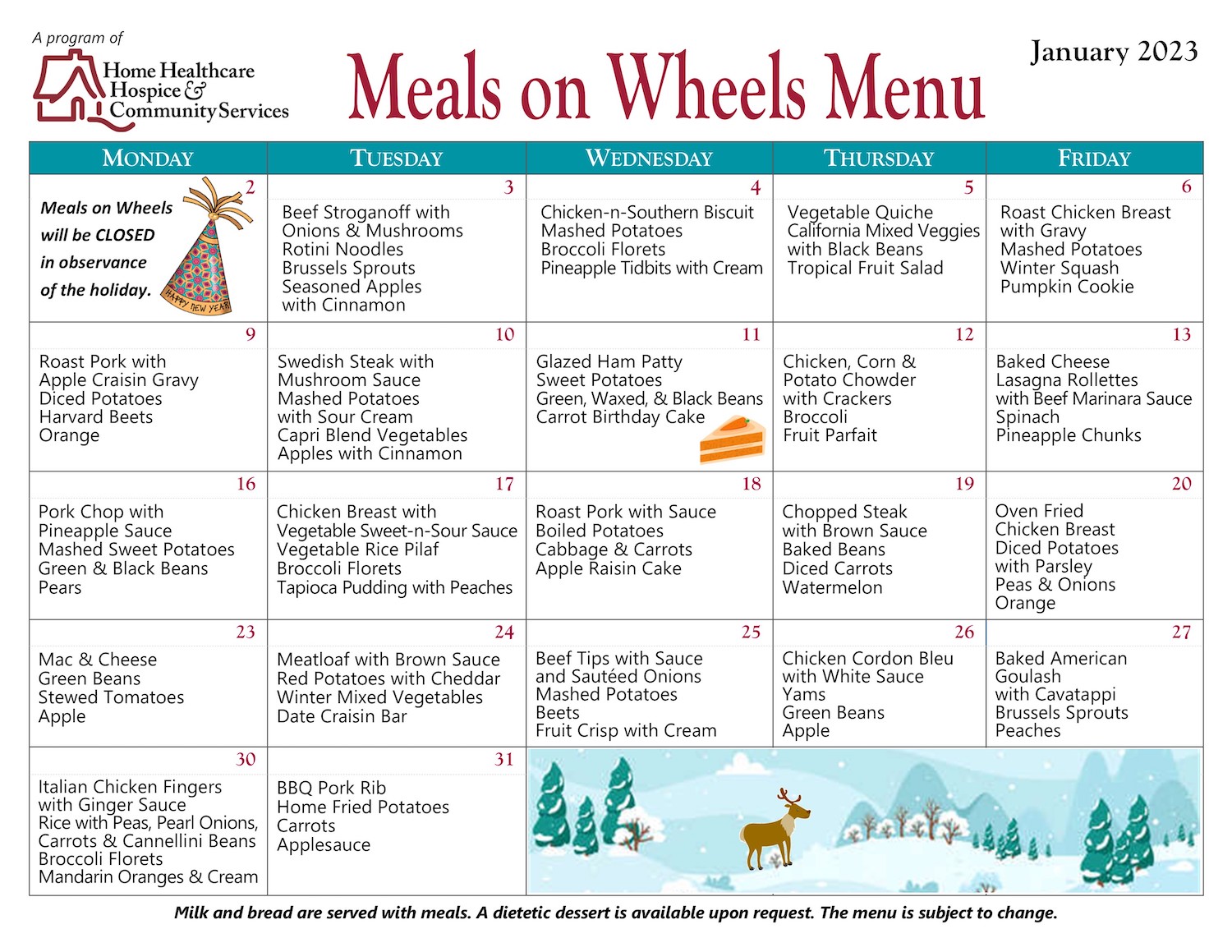 Meals On Wheels Menu for January 2023