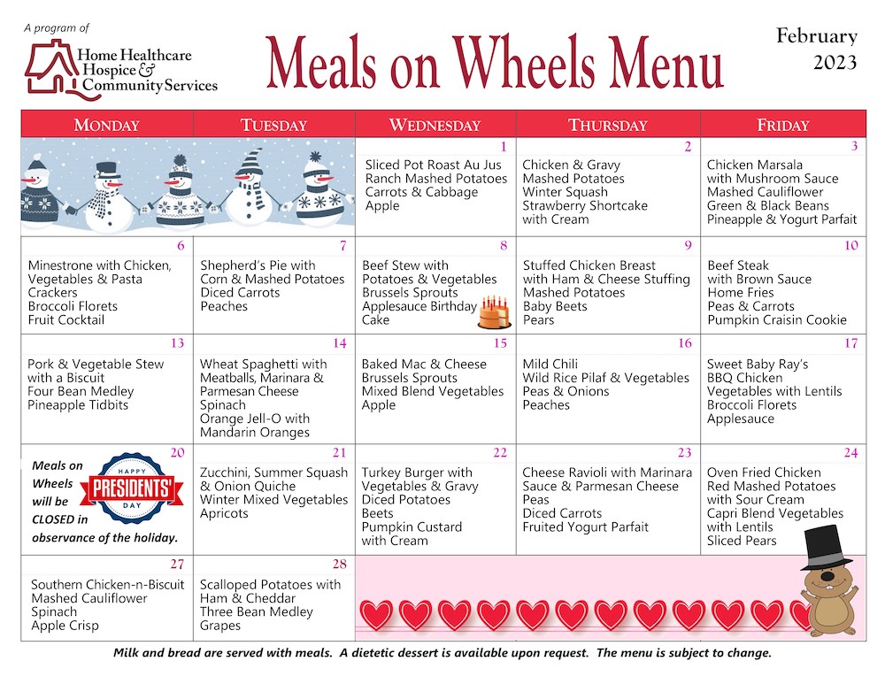Meals On Wheels Menu for February 2023