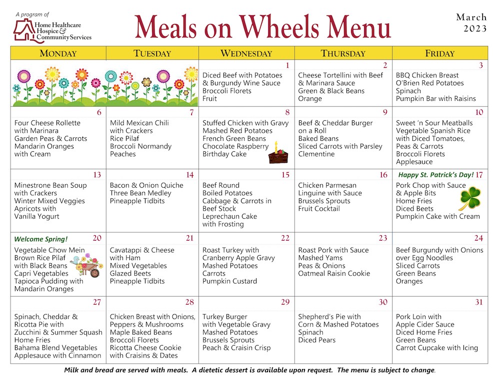 Meals On Wheels Menu for March 2023