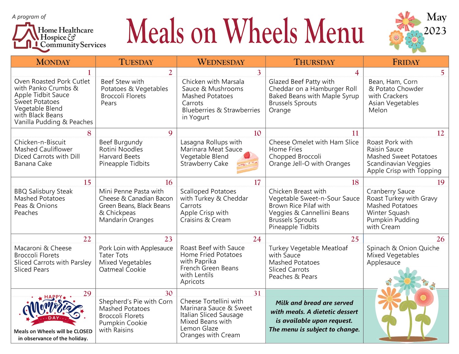 Meals On Wheels Menu for May 2023