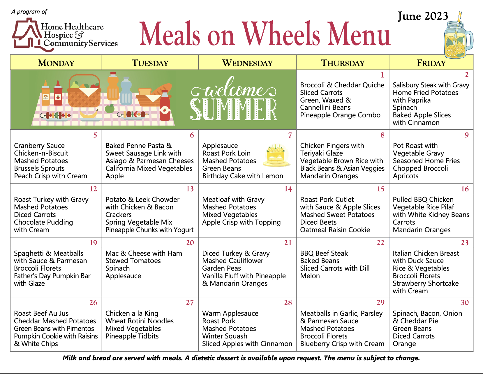 Meals On Wheels Menu for June 2023