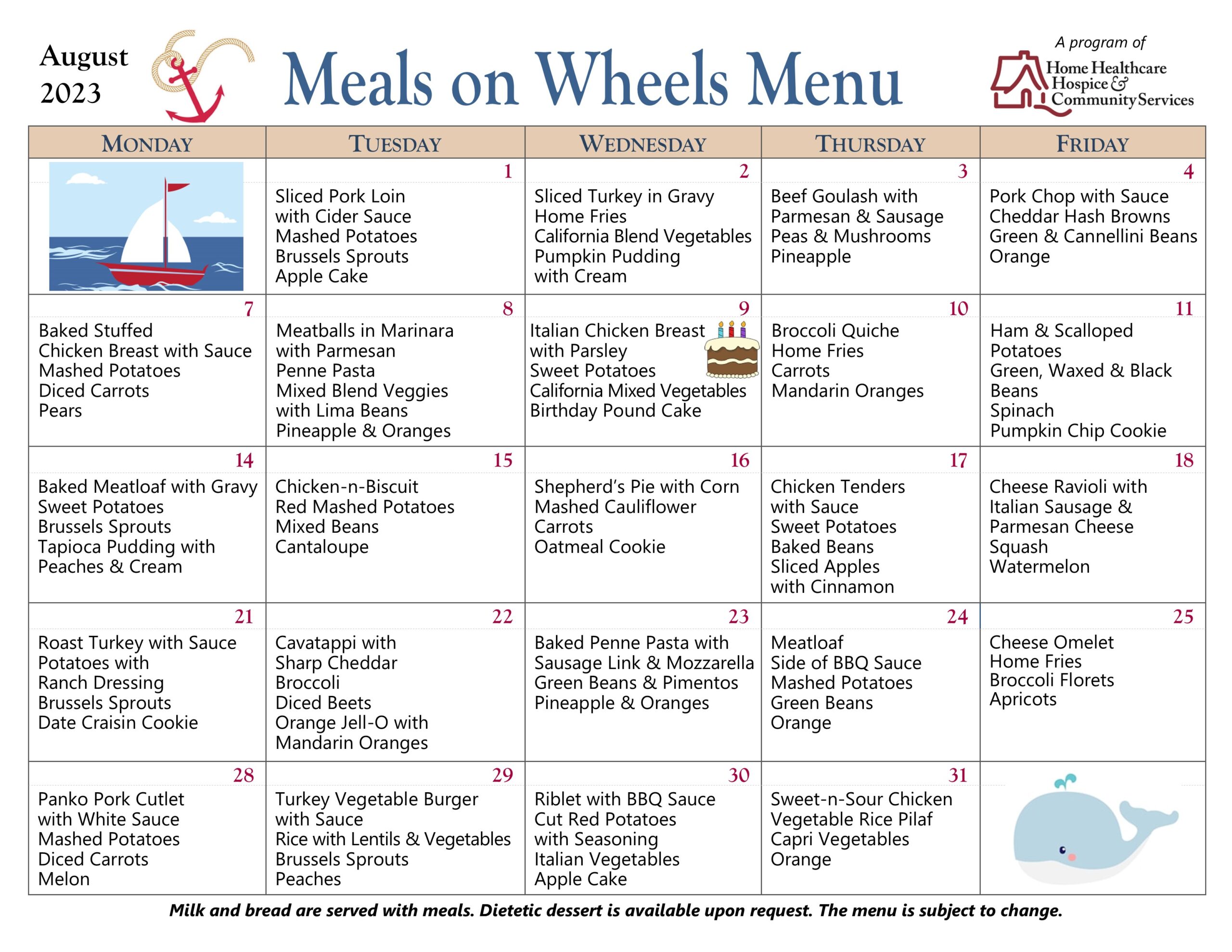 Meals On Wheels Menu for August 2023