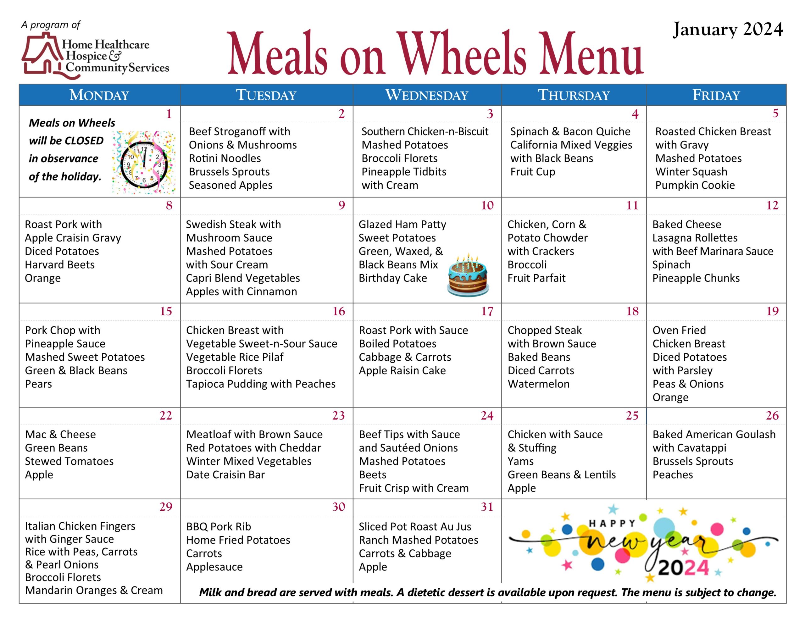 Meals On Wheels Menu for January 2024