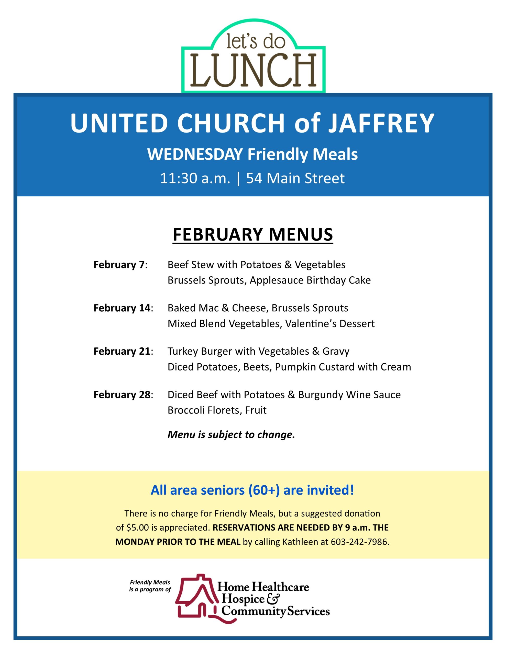 The February 2024 Friendly Meals Jaffrey Menu.