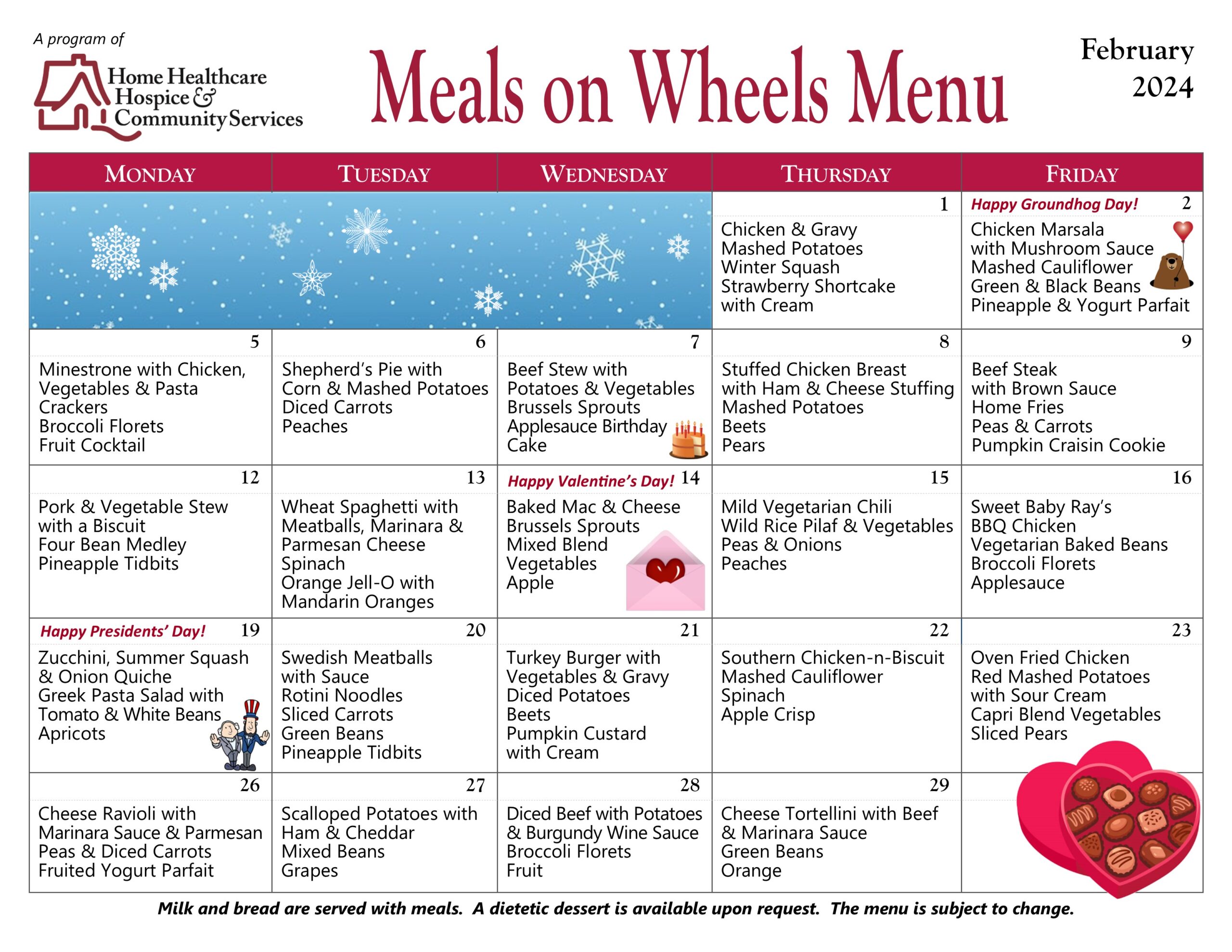 Meals On Wheels Menu for February 2024