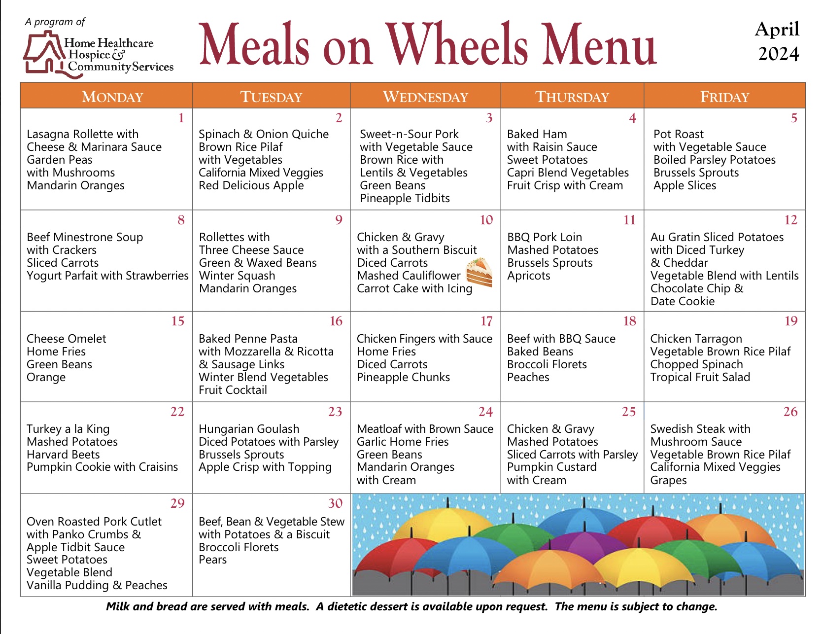 Meals On Wheels Menu for April 2024