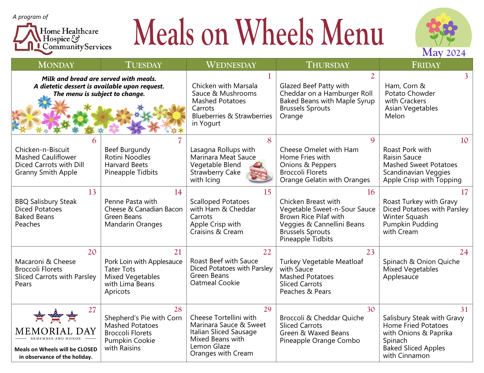 Meals On Wheels Menu for May 2024